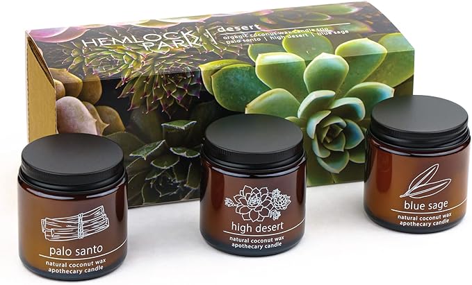Hemlock Park Apothecary Wood Wick Candle Trio | Gift Set of Three 4 oz Candles Handcrafted with Natural Coconut Wax (High Desert | Palo Santo, Sage, High Desert)