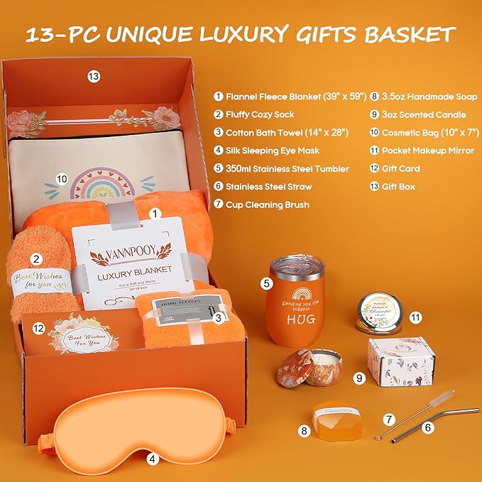 Best Friend Birthday Gifts for Women Friendship, Get Well Soon Gift Basket, Spa Self Care Package Kit, Feel Better Gift Set, Anniversary Retirement Thinking of You Gift Box for Mom Sister Wife, Orange