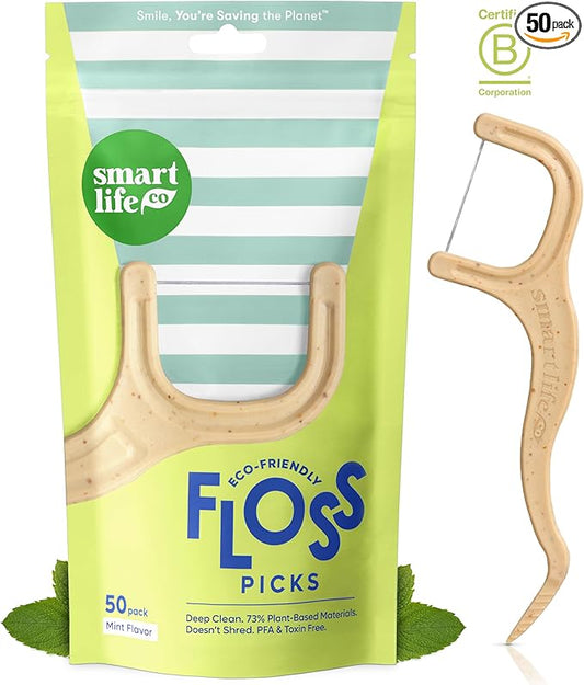 SmartLifeco Eco-Friendly Dental Floss Picks (50ct) - Flossers Made with Straw Wheat, Superior Anti-Shred Thread for Tight Gaps, Tooth Pick Stick for Adults, Soft on Gum & Teeth, Vegan, Mint