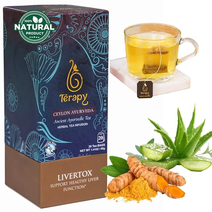 Térapy Ceylon LIVERTOX Organic Herbal Tea Bags | Helps with Liver Kidney Cleanse Detox & Repair | 100% Natural Ayurvedic Ingredients including Turmeric, Aloe Vera and Lemongrass | 20 Individually Wrapped Tea Bags