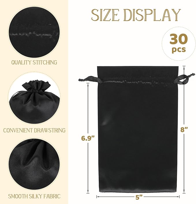 Black Gift Bags, 30Pcs 5x8 Satin Bags with Drawstring, For Kids Classroom, Wedding, Birthday, Halloween Party, Baby Shower, Rubics Cube, Candy, Dice, Coin, for Small Business
