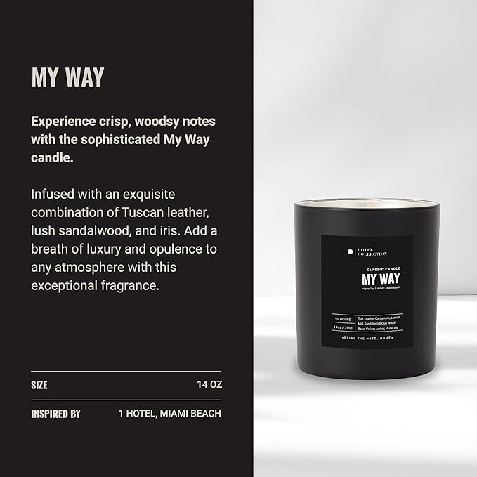 Hotel Collection - My Way Single Wick Classic Candle - Hotel Inpsired Luxury Candle - 90 - Hours Burn Time - Hints of Oud Wood, Leather, and Sandalwood - 14 oz - Black