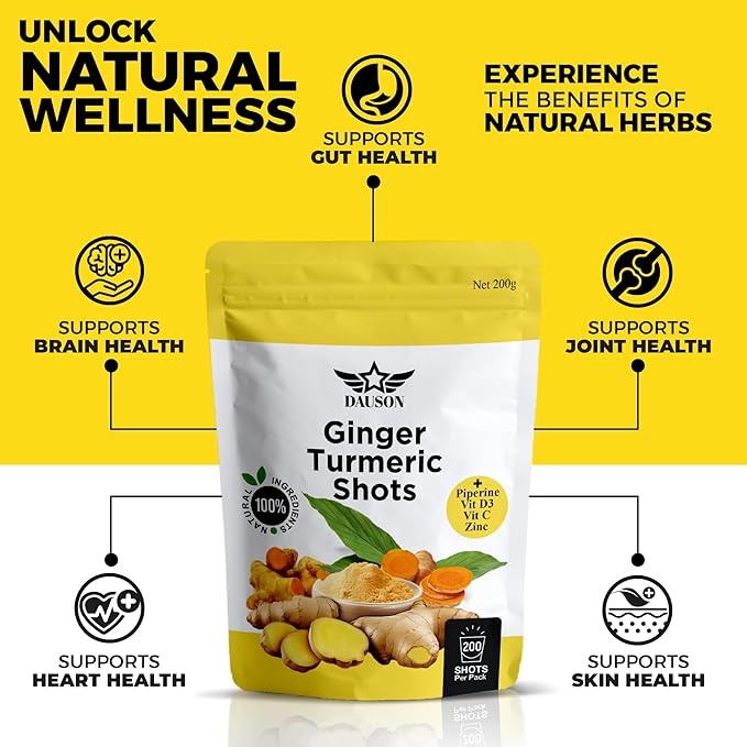 Ginger Turmeric Supplements with Piperine, Vitamin C, Vitamin D3 & Zinc | Turmeric Ginger Shots for Joint, Heart, Brain, Gut & Skin Health | 200 Servings | Ayurvedic | Powder