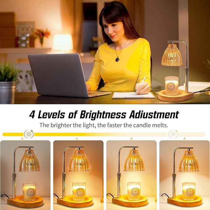 Candle Warmer Lamp with Timer & Dimmer, Height Adjustable Wax Melting Lamp with 2 Bulbs, Safe Flameless Candle Warmer for Home Décor, Gift for Wife, Mom, or Girlfriend, Warm Yellow