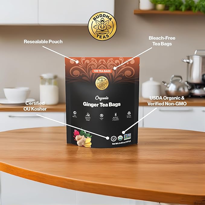 Buddha Teas - Organic Ginger Root Tea Bags - For Health & Wellbeing - With Antioxidants & Minerals - Clean Ingredients - Caffeine Free - OU Kosher & Non-GMO - 100 Non-String Tea Bags (Pack of 1)