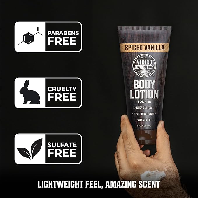 Viking Revolution Spiced Vanilla Body Lotion for Men – Mens Lotion for Dry Skin with Shea Butter, Hyaluronic Acid and Vitamin B5 – Nourishing Mens Body Lotion for Hydrated and Smooth Skin - 8oz,1 Pack