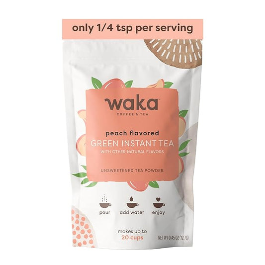 Waka Instant Green Tea Mix, Peach Flavored - 100% Tea Leaves, No Additives, Unsweetened Sample/Travel Size Tea Powder - Easy Quick Hot and Iced Teas, Up to 20 Cups or 5 Quarts (.45oz)