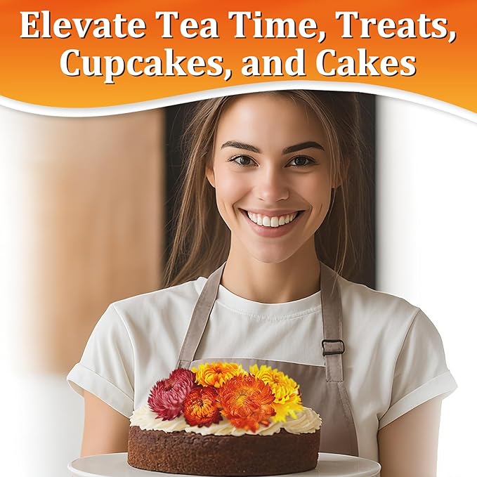 50+ Food Grade Dried Flowers for Cocktails Toppers, Colorful Strawflowers for Cake and Cupcake Decoration, 100% Natural Floral Blend for Drinks, Desserts and Tea Infusions