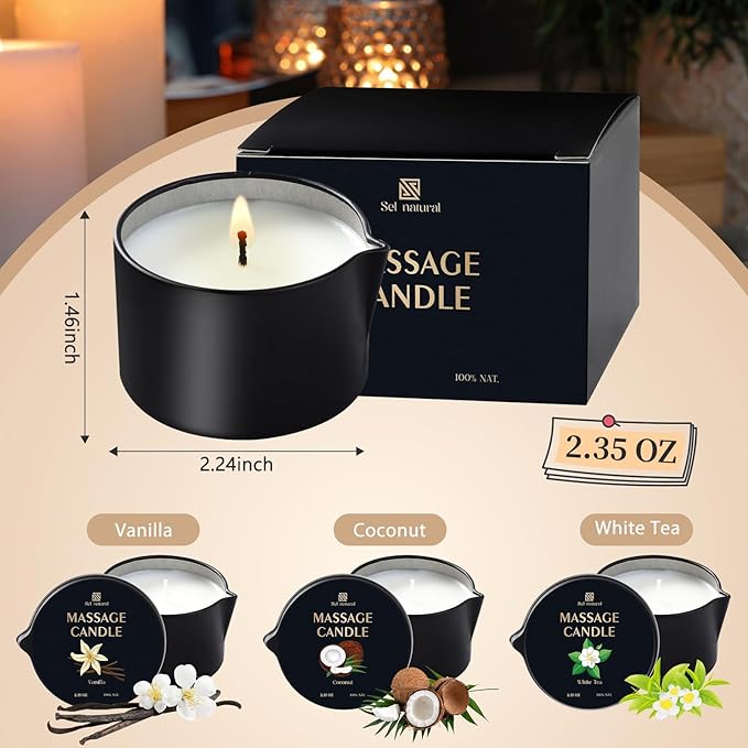 3 Pack Massage Oil Candles 2.35oz Low Temp Massage Candles 3 Scent Vanilla, White Tea, Coconut Spa Therapy Body Oil Home Gift for Relaxation, Couples, or Self-Care (Vanilla, White Tea, Coconut)