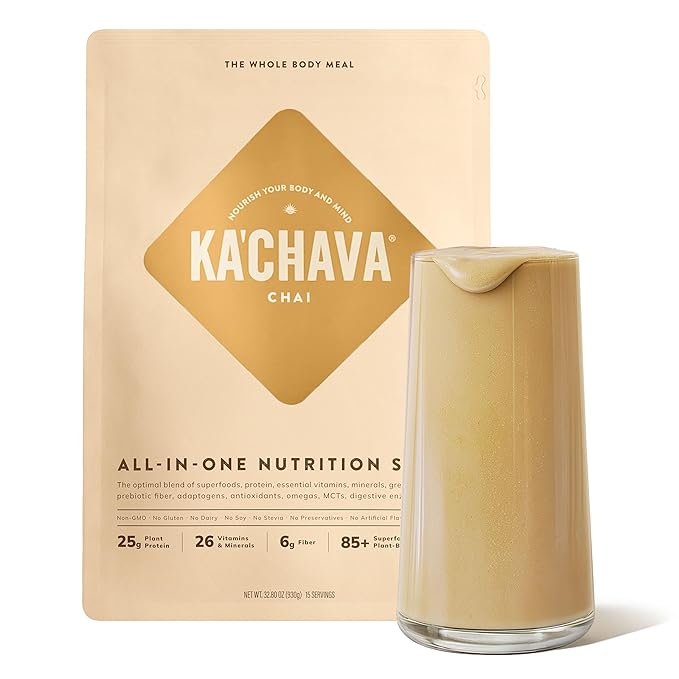 Ka’Chava Whole Body Meal Shake Chai 2 lb – Vegan Protein Powder with 85+ Superfoods & Greens – Plant-Based Meal Replacement with Probiotics & Digestive Enzymes – Gluten & Dairy Free (15 Servings)