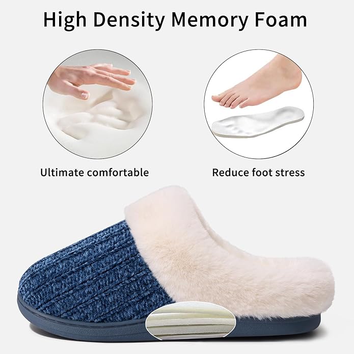Evshine Warm Knit House Slippers for Women Comfy Wool-Like Lined Chenille Slippers with Memory Foam and Indoor Outdoor Soles