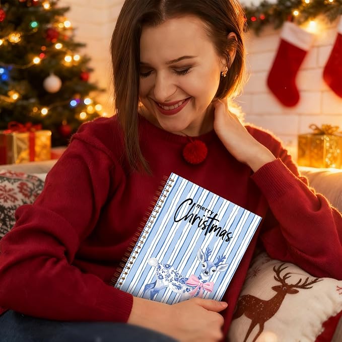 Exqcom Blue Chinoiserie Christmas Deer Spiral Notebook Gifts, Coquette Pink Bow Merry Xmas Journal for Women, Grandmillennial Christmas Hardcover Notebook Journal Office School Supplies, 5.5x8.3 Inch