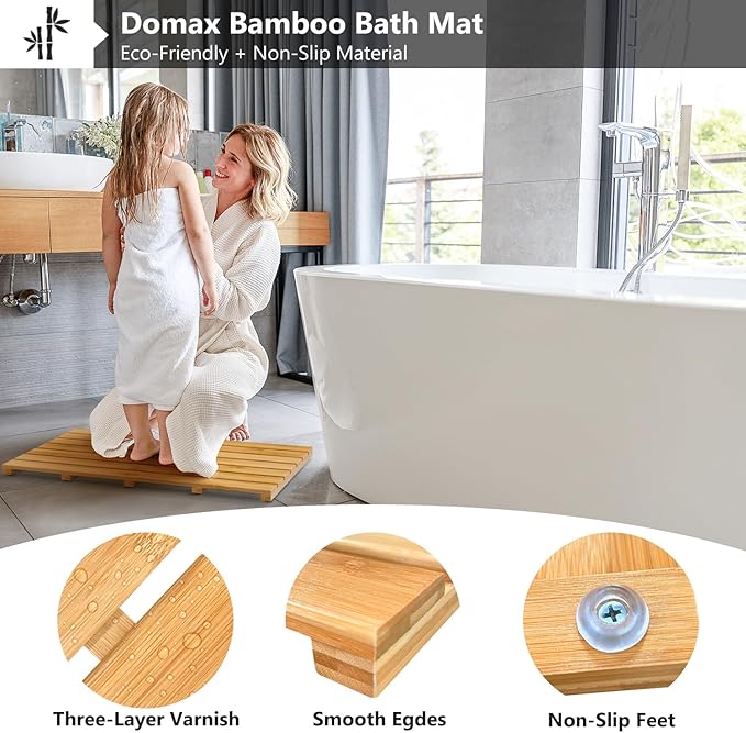 Domax Wooden Bamboo Bath Shower Mat- Non-Slip Waterproof Large Bathroom Floor Mat for Indoor Outdoor (Natural, 31.3 x 18.1 x 1.5 Inches)