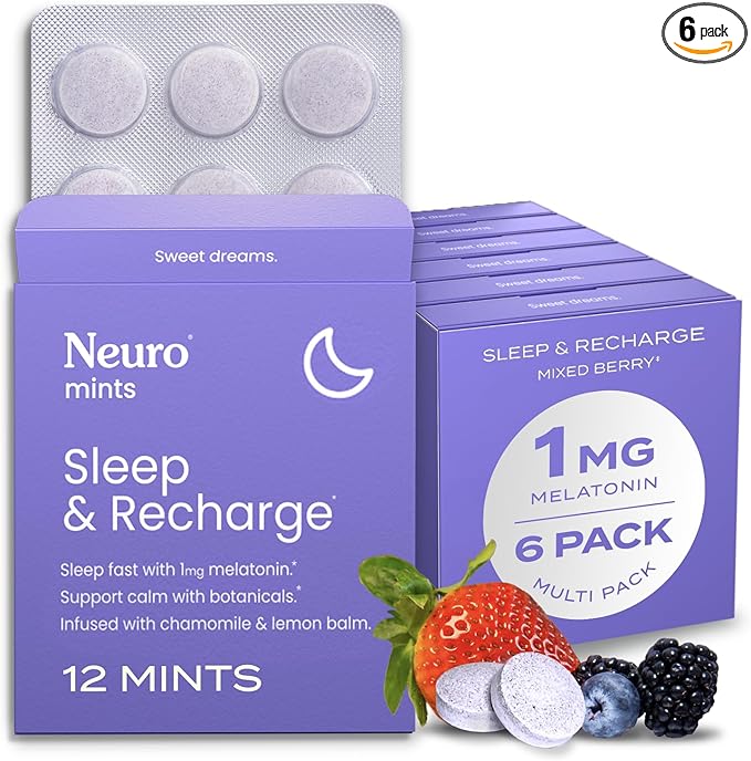 NeuroGum Sleep & Recharge Meltaway Mints | 1mg Melatonin + Chamomile + Elderberry + Lemon Balm + Passion Flower | Natural Sugar Free Rest & Relaxation Supplement (Mixed Berry, 72 Pieces)