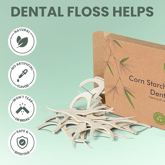 Natural Dental Floss Picks 75 Pack – Organic Biodegradable Floss Sticks with Strong Bamboo Charcoal Thread & Vegan Cornstarch Handle – No Plastics, No Artificial Flavours - Kraft Paper Box