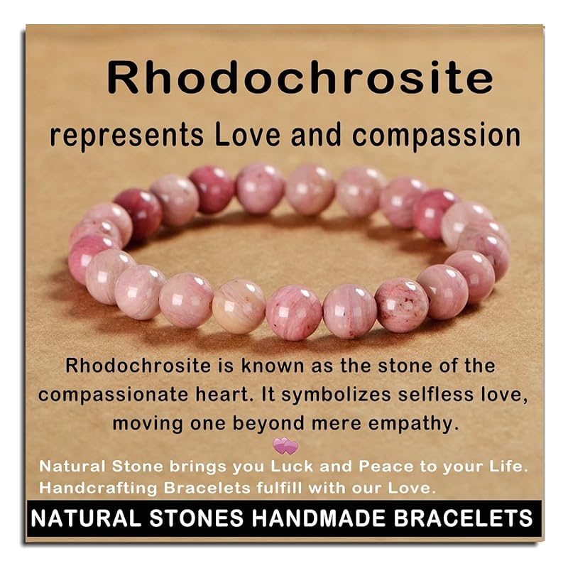 AD Beads Handmade Gemstone Stretch Elastic Bracelet Crystal Healing Reiki Nature's Beauty and Spiritual Essence Unisex (8mm, Rhodochrosite)