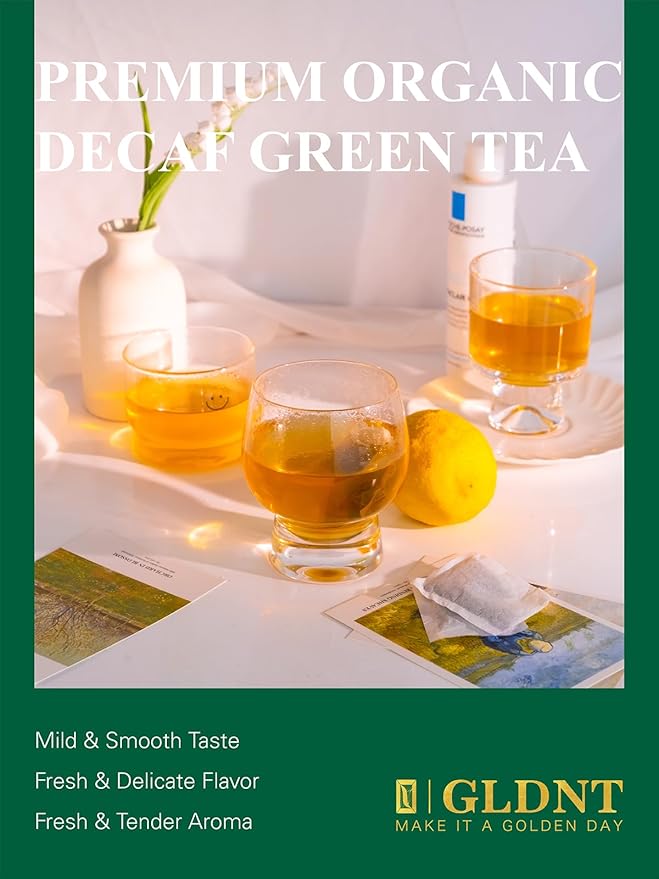 GLDNT Organic Decaf Green Tea Bags, Organic Green Tea Decaffeinated, Smooth Flavor, Super Antioxidant, Iced & Hot Tea, 100 Count