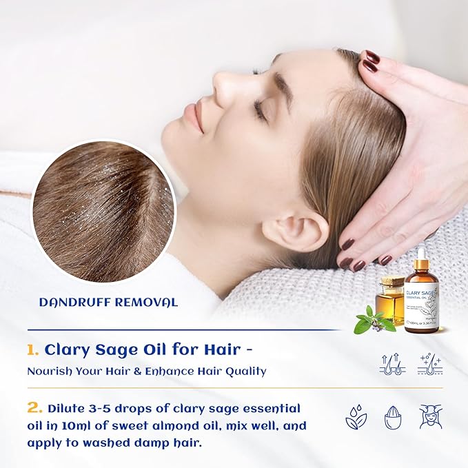 HIQILI Clary Sage Oil Essential, Herbal Sooth Aroma in Diffuse, Meditation, Calming Sleep at Bedtime, Body Massage, Moisturize Skin, DIY Deodorant Spray - 100ML