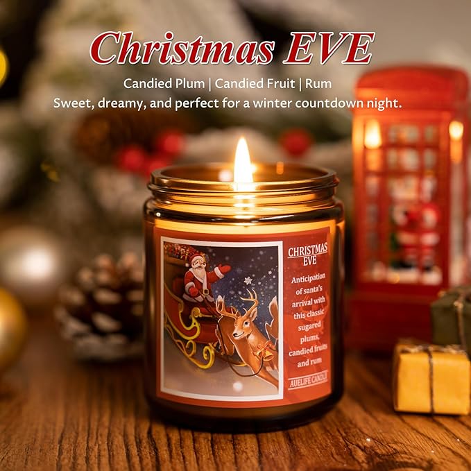 Auelife Christmas EVE Soy Candle - Sugared Plums Candied Fruits and Rum, 7 oz Aromatherapy Jar Candle, Christmas Gift for Women and Men