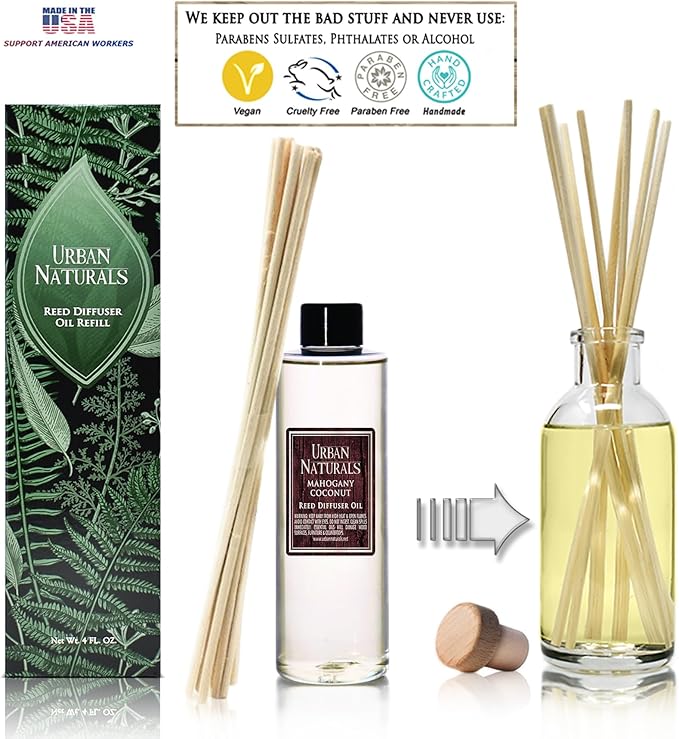 Urban Naturals Reed Diffuser Oil Refill, Mahogany Coconut Diffuser Oils with Sandalwood, Coconut, Oakmoss, 4 oz + Free Reed Sticks, Made in The USA
