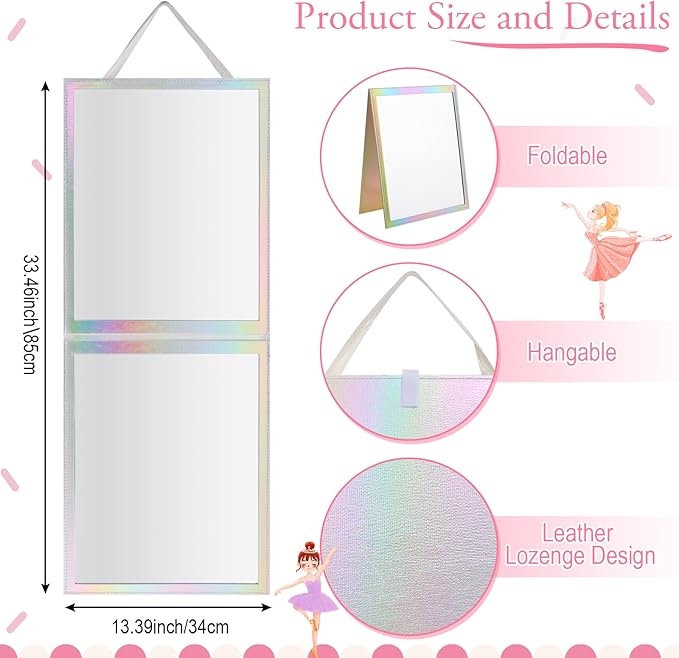 Chunful Foldable Backstage Mirror with Handle Holographic 33.5 X 13.4 Inch Folding Hanging Mirror Rectangular for Travel Dance Bag Home Fitness Spa Gift for Dancers (White)