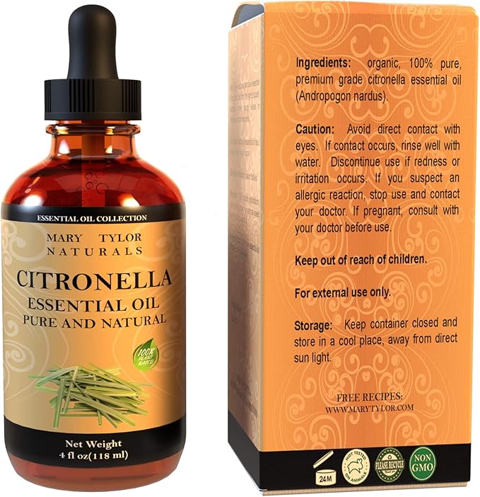 Citronella Essential Oil (4 oz) 100% Pure and Natural, Therapeutic Grade Perfect for Aromatherapy, Diffuser, DIY and More by Mary Tylor Naturals