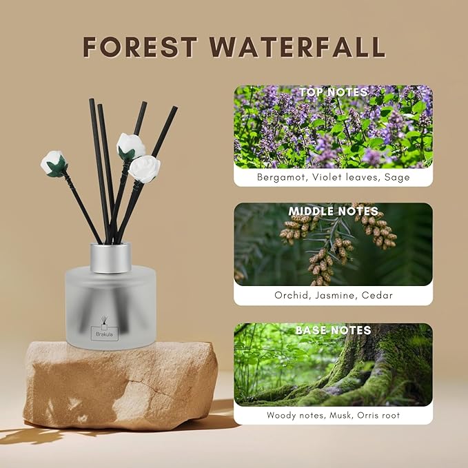 Brakula Reed Diffuser Set, Forest Waterfall Scented， Reed diffusers for Home， Home Fragrance Diffuser with 7 Reed Sticks for Room/Bathroom Decor 3.38 fl oz (Forest Waterfall)