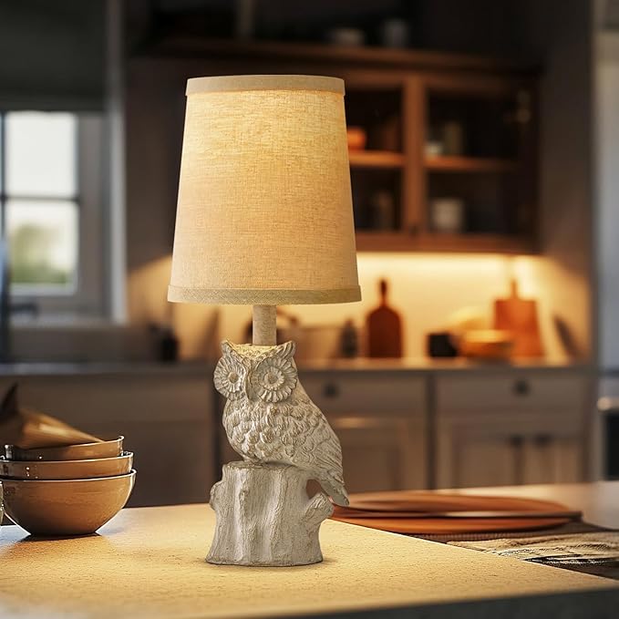 14.25" Small Table Lamps Set of 2 Owl Lamps for Home Decor Rustic Farmhouse Vintage Bedside Table Resin Retro Nightstand, White