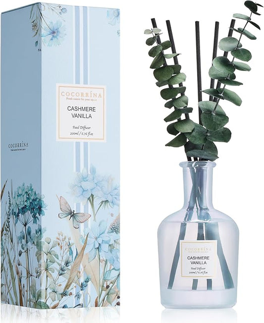 COCORRÍNA Eucalyptus Reed Diffuser, Cashmere Vanilla Scent – 6.76 oz Essential Oil with Sticks & Dried Eucalyptus Branches, Home Fragrance for Bedroom or Bathroom Décor