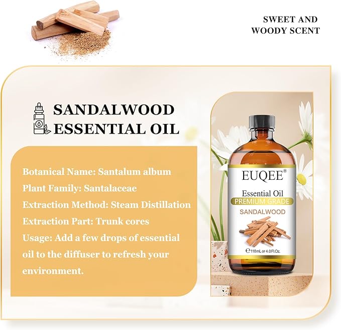 EUQEE Sandalwood Essential Oil(4 oz/118 ml) Sandalwood Oil Oil with Glass Dropper, Great for Diffusers, Soap & Candle Making
