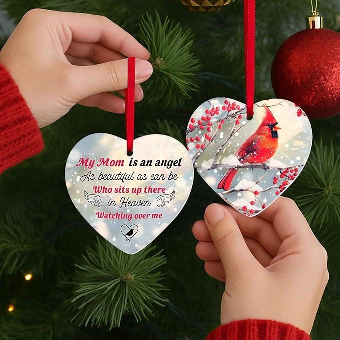 34HD Gifts for Christmas, Cardinal Christmas Ornament Ceramic Heart-Shapped, Cardinal Memorial Gifts, Christmas Decorations for Trees