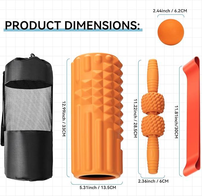 5 in 1 Foam Roller Set, High Density Fitness Exercise Foam Roller for Deep Tissue Muscle Massage, Massage Roller, Massage Ball, Resistance Band, for Whole Body(Orange)