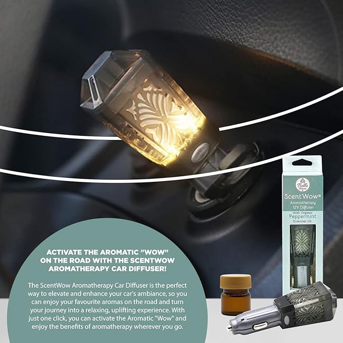 Belle Aroma ScentWow Aromatherapy - Peppermint Oil Car Diffuser for Essential Oils – Portable 12V Plug-In Mini Diffuser – Compact Travel Humidifier for Cars, Trucks & Small Spaces – Gray & Silver