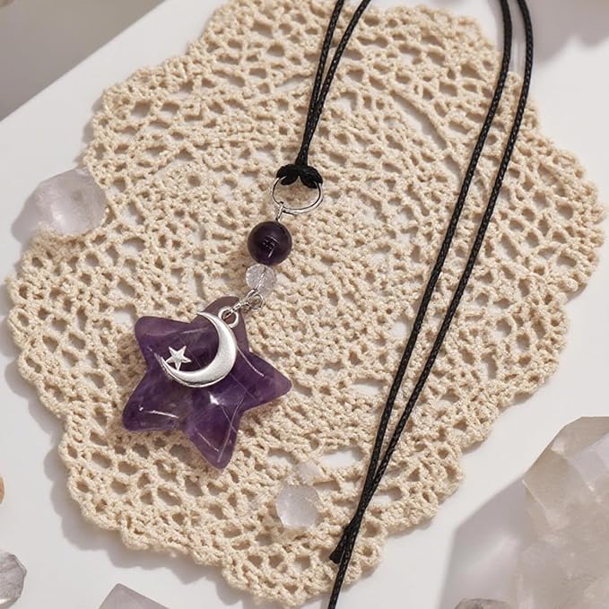 CASONA Purple Crystal Star Car Charm,Rearview Mirror Dangling Accessories,Boho Car Hanging Ornament with Moon Bead,Spiritual Purple Decor for Women