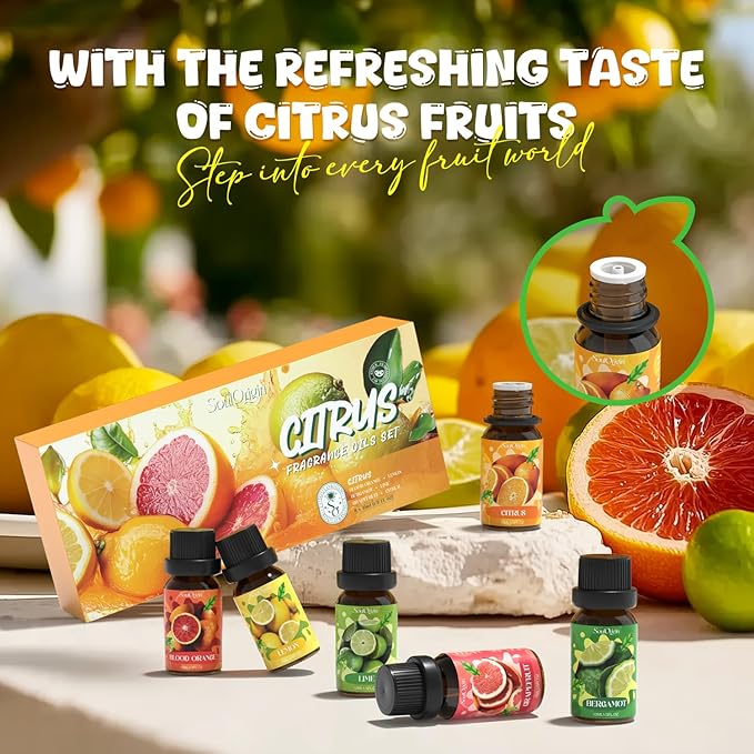 Citrus Essential Oils Set, Fragrance Oil Set for Diffuser, Scent Diffuser Oil for Candle Making- Blood Orange, Lemon, Bergamot, Lime, Grapefruit, Citrus