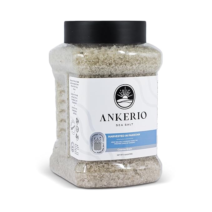Ankerio Gray Sea Salt - Coarse Grain, Premium Natural Unrefined Salt for Cooking and Food Prep, Kosher Certified, No Additives, Mineral-Rich, Clean Flavor, Premium Pure (5LB Jar)