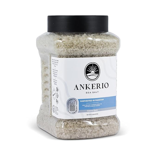 Ankerio Gray Sea Salt - Coarse Grain, Premium Natural Unrefined Salt for Cooking and Food Prep, Kosher Certified, No Additives, Mineral-Rich, Clean Flavor, Premium Pure (5LB Jar)
