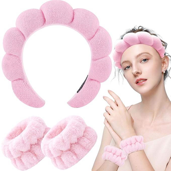 Zkptops Spa Headband for Washing Face Wristband Set Sponge Makeup Skincare Headband Terry Cloth Bubble Soft Get Ready Hairband Women Girl Puffy Padded Headwear Non Slip Thick Hair Accessory(Pink-2)