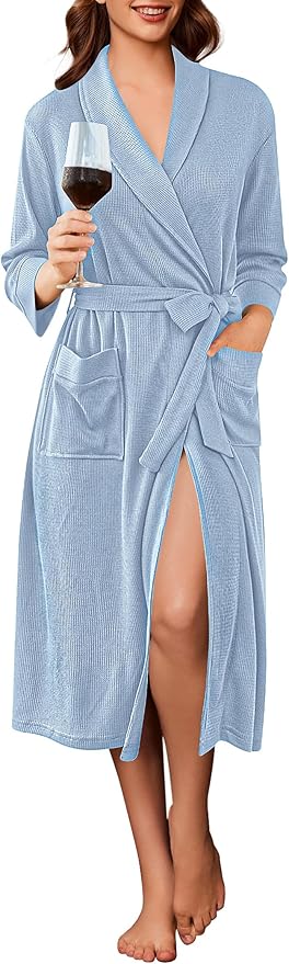 Ekouaer Robes for Women Long Waffle Knit Bathrobe Lightweight Kimono Robe Soft Shawl Collar Spa Robes with Pockets S-XXL