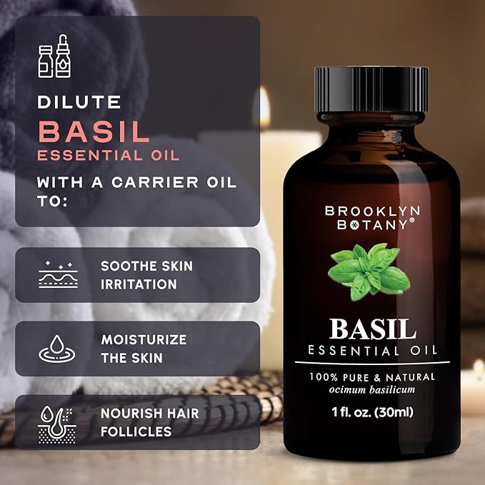 Brooklyn Botany Basil Essential Oil - 100% Pure and Natural - Premium Grade Oil with Dropper - for Aromatherapy and Diffuser - 1 Fl Oz