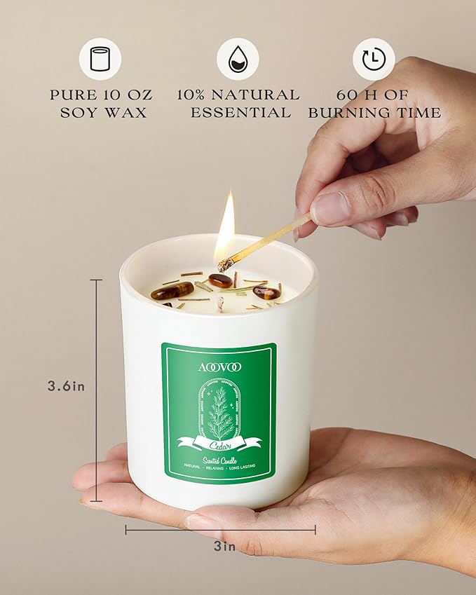 AOOVOO Cedar Scented Candles for Women - Aromatherapy Candle with Crystals Inside, 10oz Soy Candles for Home Scented, Birthday Gifts Candle for Women Mom