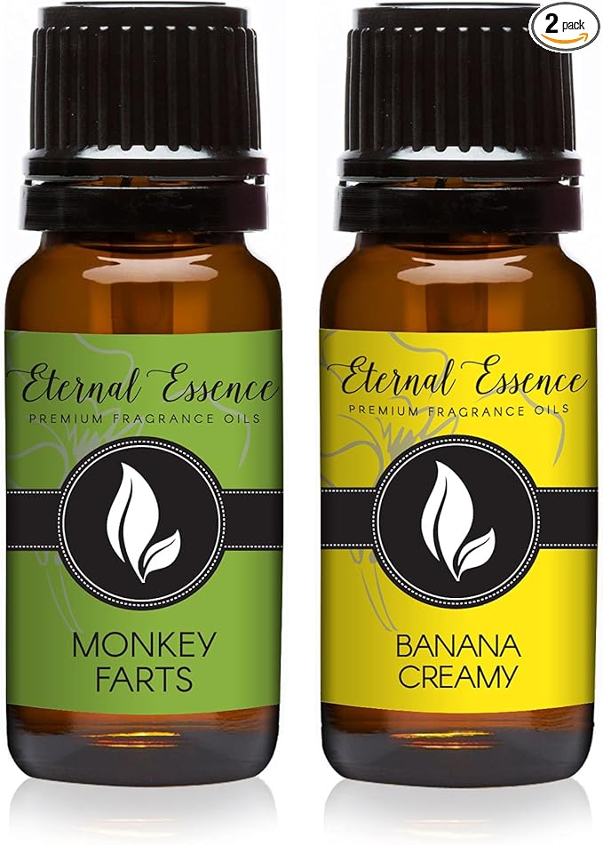 Eternal Essence Oils 2 Pack 10ml Premium Fragrance Oil - Monkey Farts & Banana Creamy - for Candle, Soap Making, Aromatherapy, Diffusers, Home Care, & Humidifiers