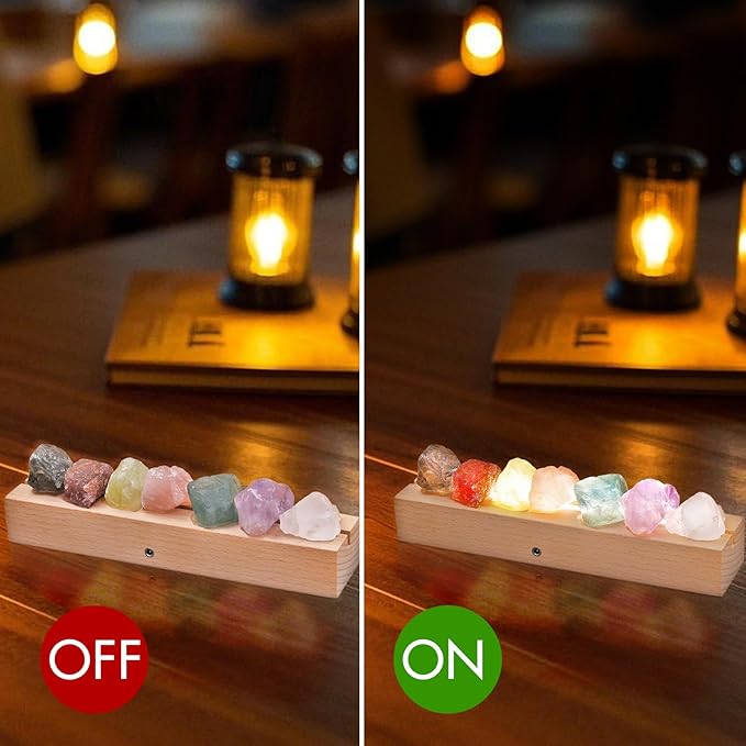 Healing Crystal Night Light,7 Chakra Natural Bedside Lamp with Wooden LED Light Base,Healing Stones Positive Energy Night Lights for Home Decor Gifts (Rechargeable)