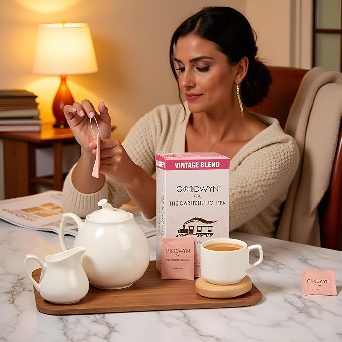 Goodwyn Second Flush Darjeeling Black Tea – 100 Plastic-Free, Individually Wrapped Tea Bags | Low Caffeine, Sugar-Free, Fruity Floral Muscatel Taste | Daily Tea, Premium Indian Origin Chai | Tea Sampler Gift Set, Eco-Friendly, Organic Black Tea