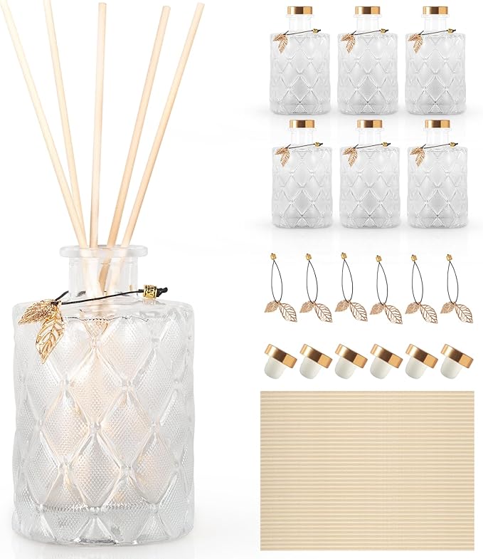 Glass Reed Diffusers Bottles for Home, Diffuser Bottles with 40PCS Reed Diffuser Sticks, Vintage Embossed Apothecary Style Flower Bud Vases with Cork Lids, Set of 6（Small Leaves ）