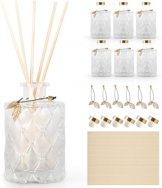 Glass Reed Diffusers Bottles for Home, Diffuser Bottles with 40PCS Reed Diffuser Sticks, Vintage Embossed Apothecary Style Flower Bud Vases with Cork Lids, Set of 6（Small Leaves ）