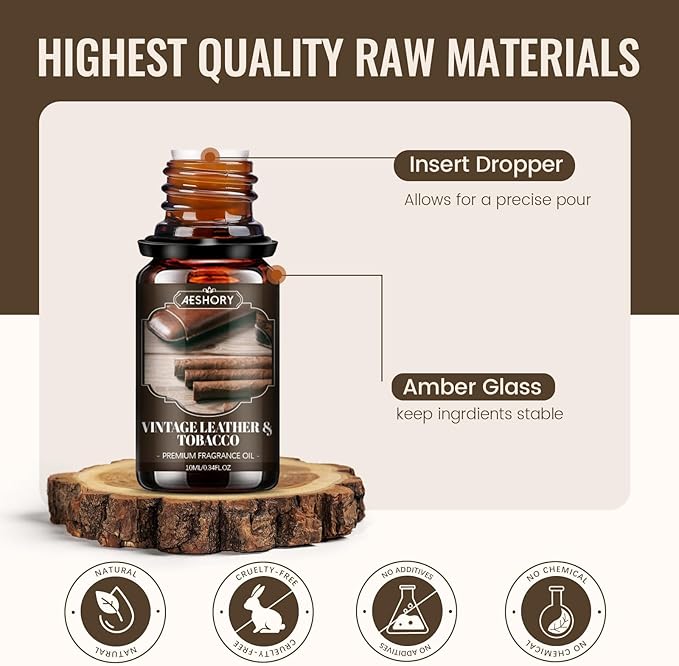 Men Essential Oils Set, Fragrance Oil for Diffuser, Leather, Tobacco, Cedar, Bourbon Whisky, Bergamot, Candle Scents for Candle Making, Soap Making Supplies, Man Aromatherapy Diffuser Oils Kit(6x10ML)