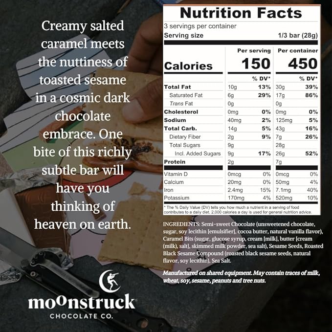 Moonstruck Chocolate Sesame Caramel Dark Chocolate Bar, 73% Cacao, 3.0oz (Pack of 4)