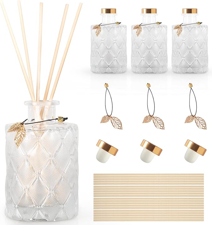 Glass Reed Diffusers Bottles for Home, Diffuser Bottles with 20PCS Reed Diffuser Sticks, Vintage Embossed Apothecary Style Flower Bud Vases with Cork Lids, Set of 3