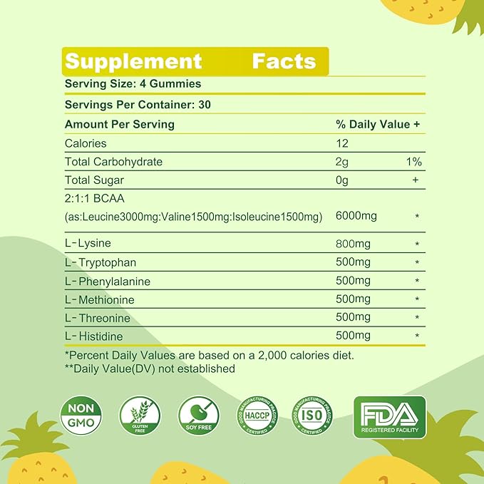 EAA Gummies 120 Gummies (Pineapple), Essential Amino Acids - All 9 Essential Aminos (EAA) and All Branched-Chain Aminos (BCAAs), Non-GMO, Gluten Free, Vegetarian Friendly